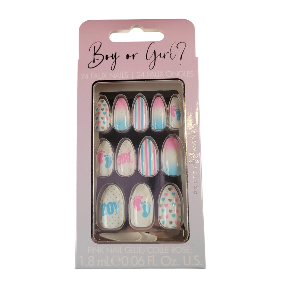 Boy or Girl Faux Nails Set 24ct Gender Reveal Press On with Glue Baby Party